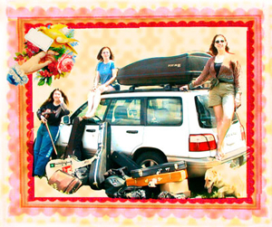 Gina, Beth and Lisa are gathered around the Subaru with all their instruments!